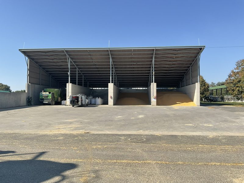 The concrete walls between bays allow different crops to be kept separate.