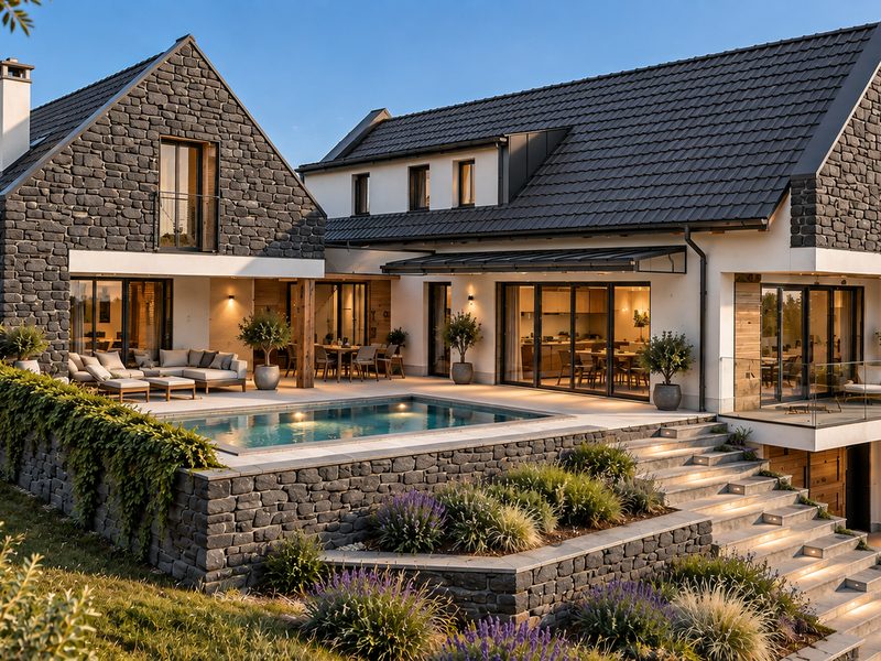 Stone-clad volumes, a sunken pool terrace and a view of Lake Balaton.