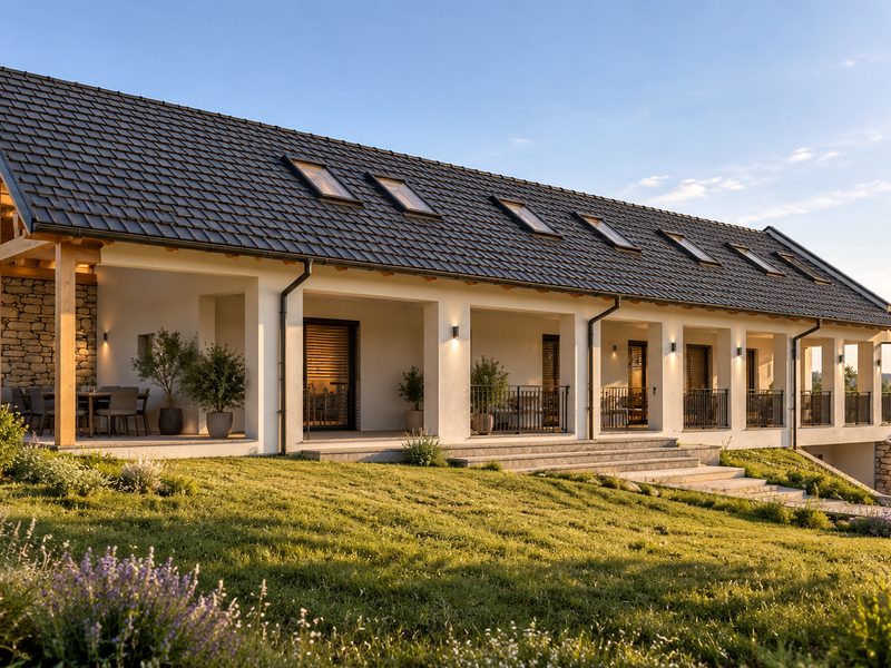 A stone-faced wall behind the loggia, with a run of rooflights above.