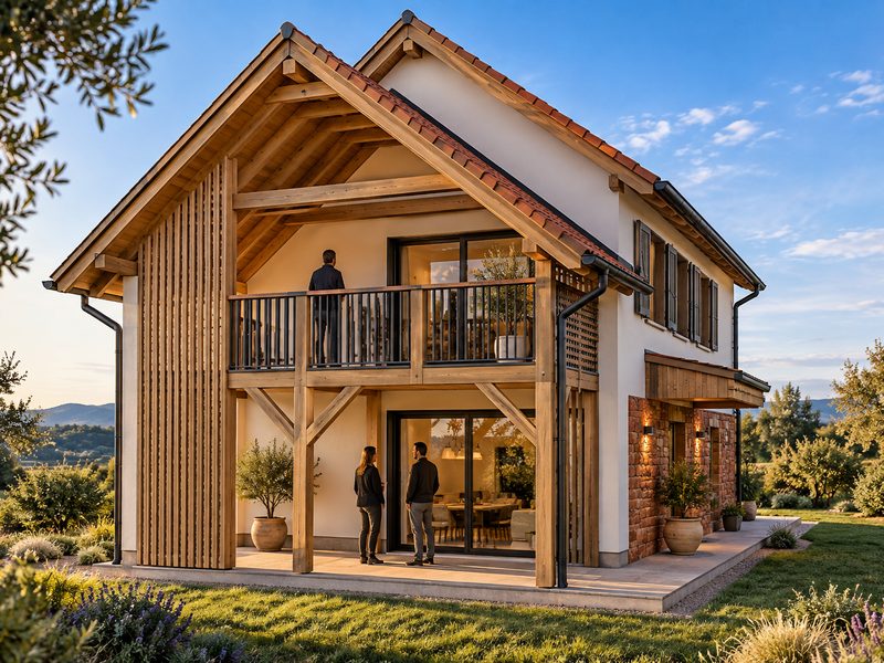 Exposed timber structure, an upper balcony and large glazing to the garden.