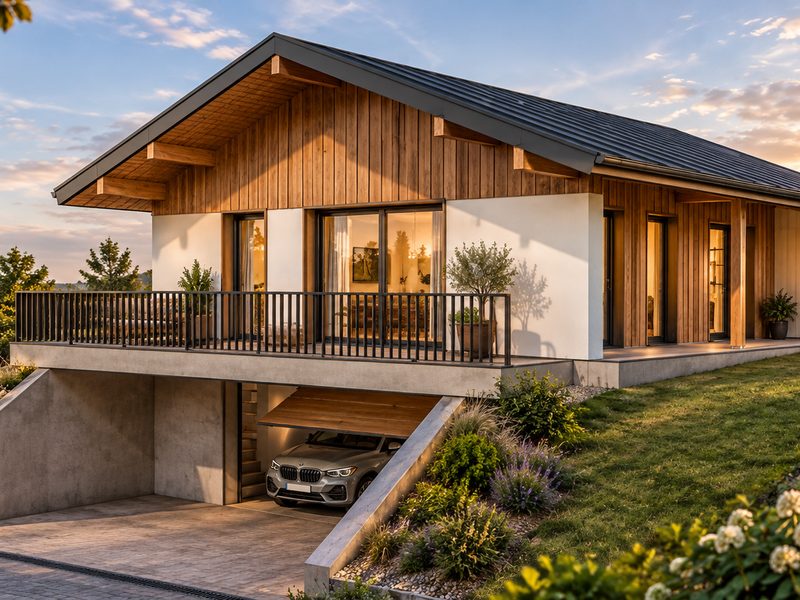 Timber-clad wall sections with a garage built into the slope below.