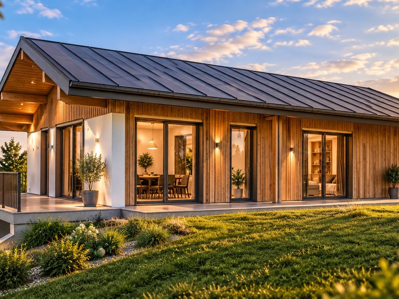 Large glazing, standing seam metal roofing and deep eaves.