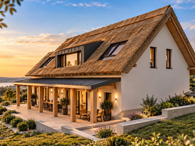 Thatch, limewashed walls and a timber-columned loggia facing the lake.