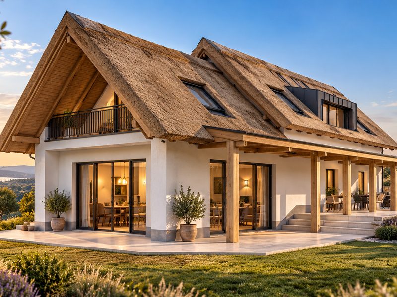 The gable balcony and the loggia running the length of the elevation.
