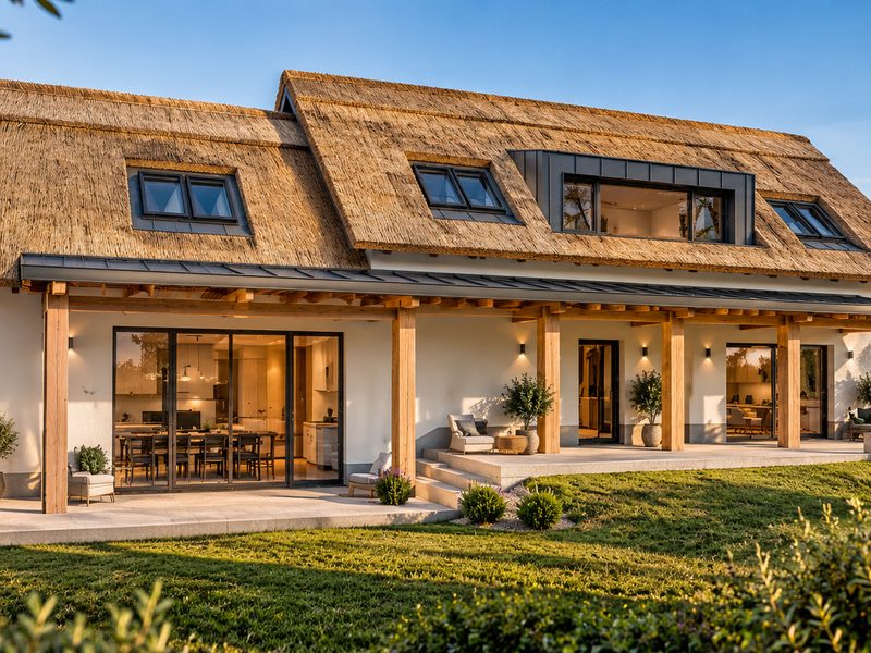 Rooflights set into the thatch and a timber loggia in front of the living space.