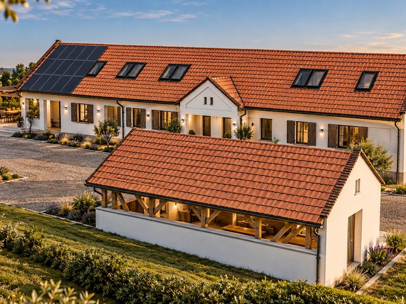 A longhouse volume with a loggia, a separate farm building and solar panels.