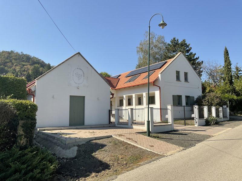 The closed gable of the outbuilding beside the loggia wing with its solar roof.