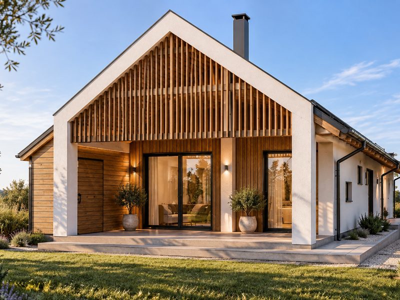 Gelatteter Giebel, überdachte Terrasse und große Glasflächen zum Garten.