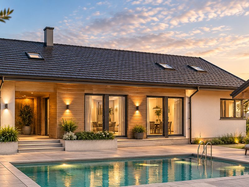 Wohnen und Essen öffnen sich zum Pool, mit holzverkleideten Wandflächen.