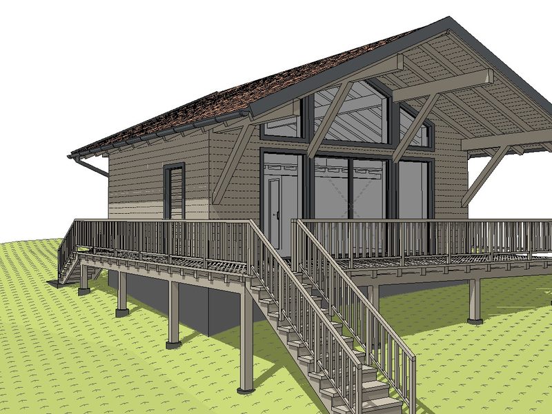 Das räumliche Modell: Holzgebäude auf Stützen mit umlaufender Terrasse.