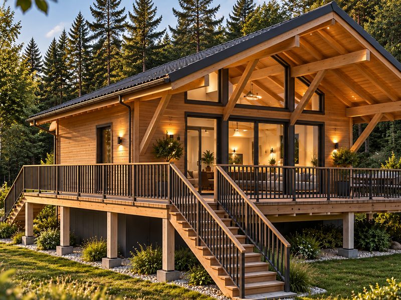 Der Planungsstand: großzügige Holzterrasse, sichtbare Dachkonstruktion, Waldumfeld.